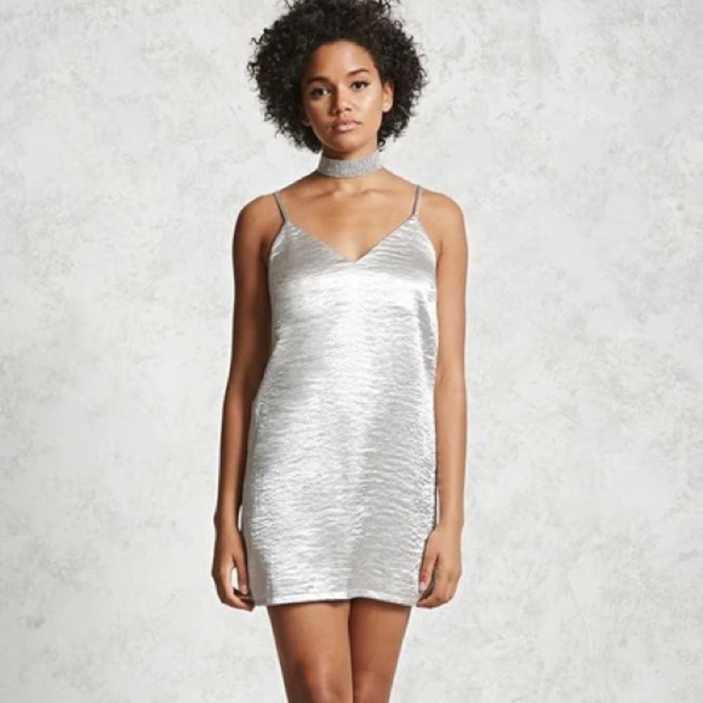 FOREVER 21 Silver Crinkled Mini Slip Dress